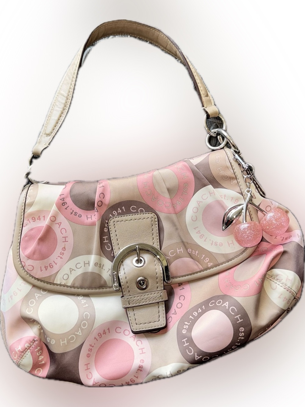 Vintage COACH SoHo Pink, Beige & Brown Signature Circle Shoulder Bag with Charm